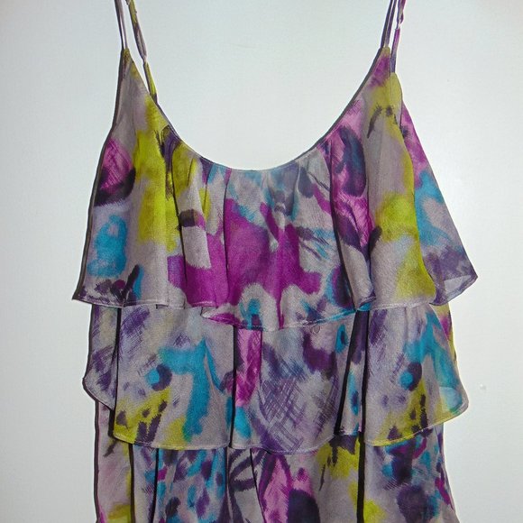 Plastic Island Women's Purple Yellow Blue Sleeveless Abstract Ruffled Blouse XS - Picture 5 of 6